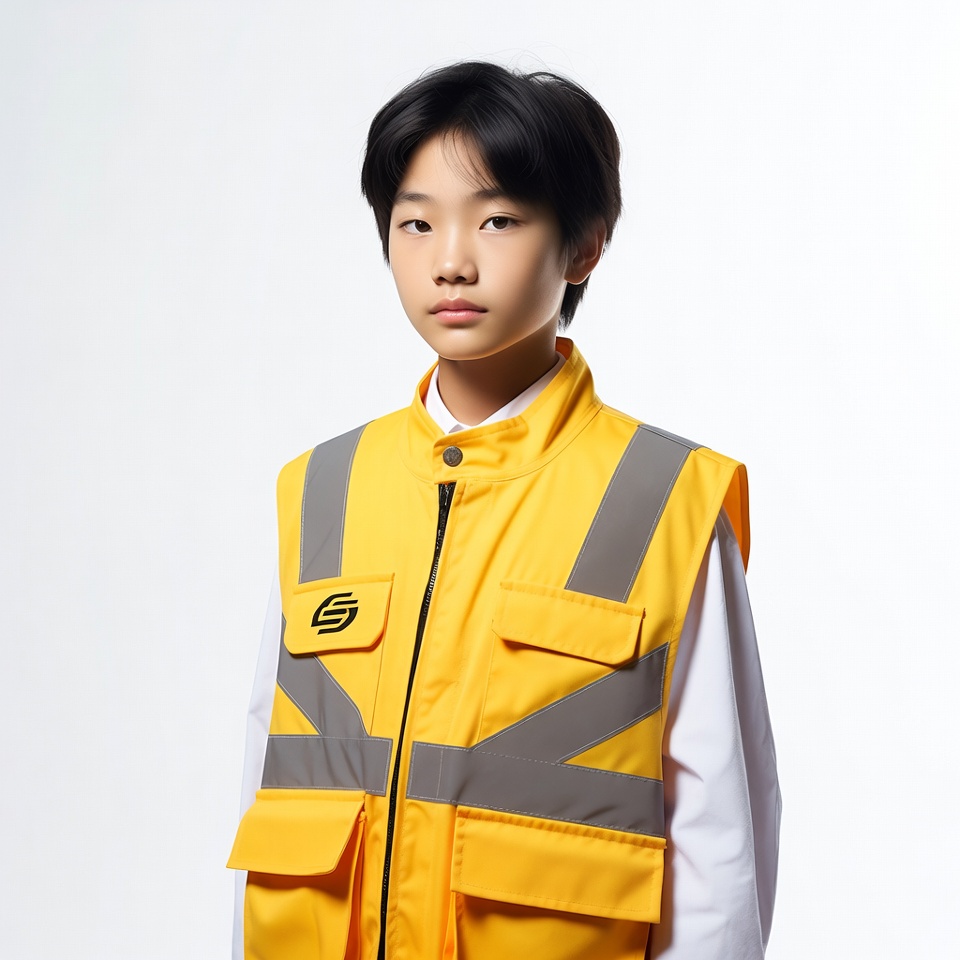Asian boy in yellow safety vest Asian boy in yellow safety vest