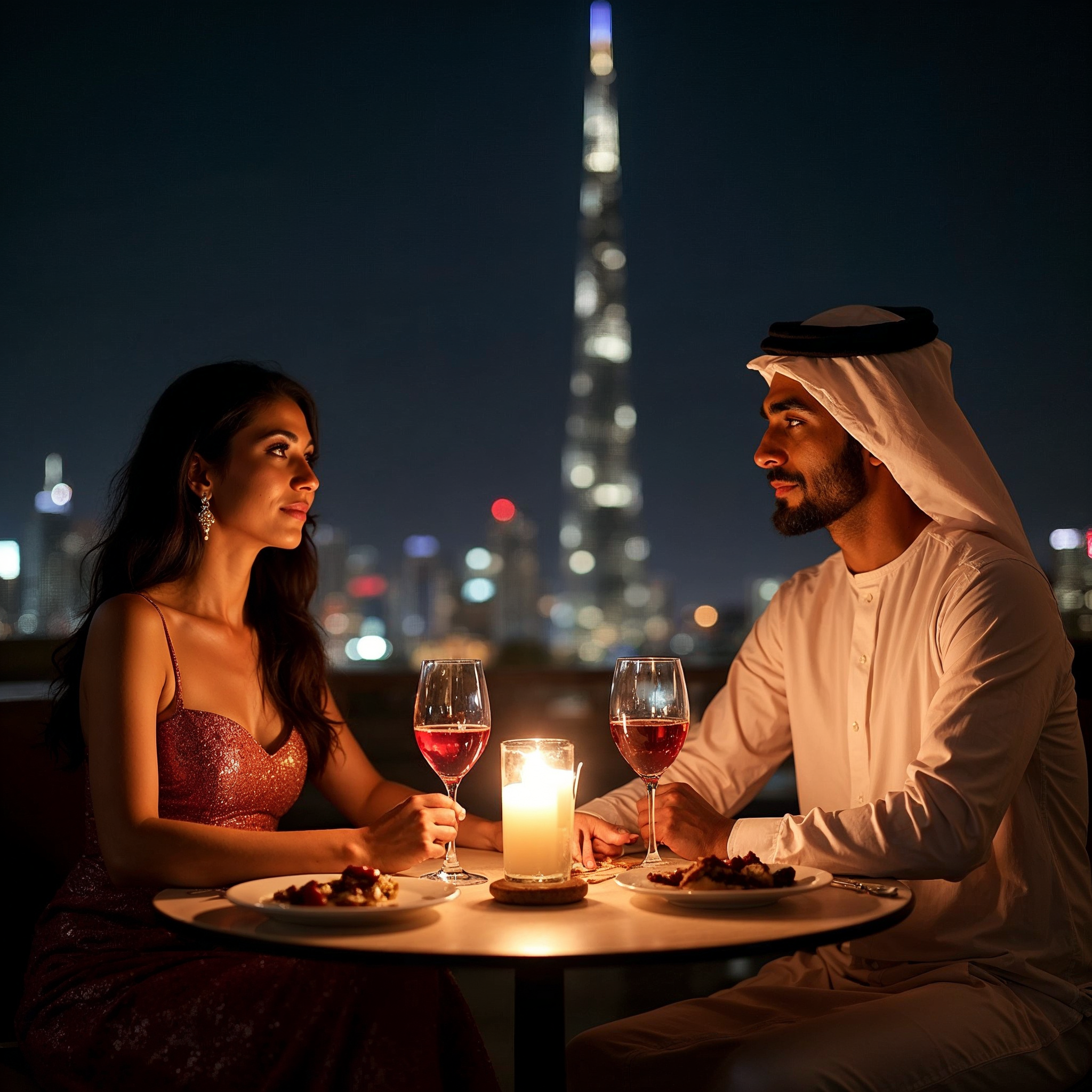Arab Couple Romantic Dinner Burj Khalifa Arab Couple Romantic Dinner Burj Khalifa