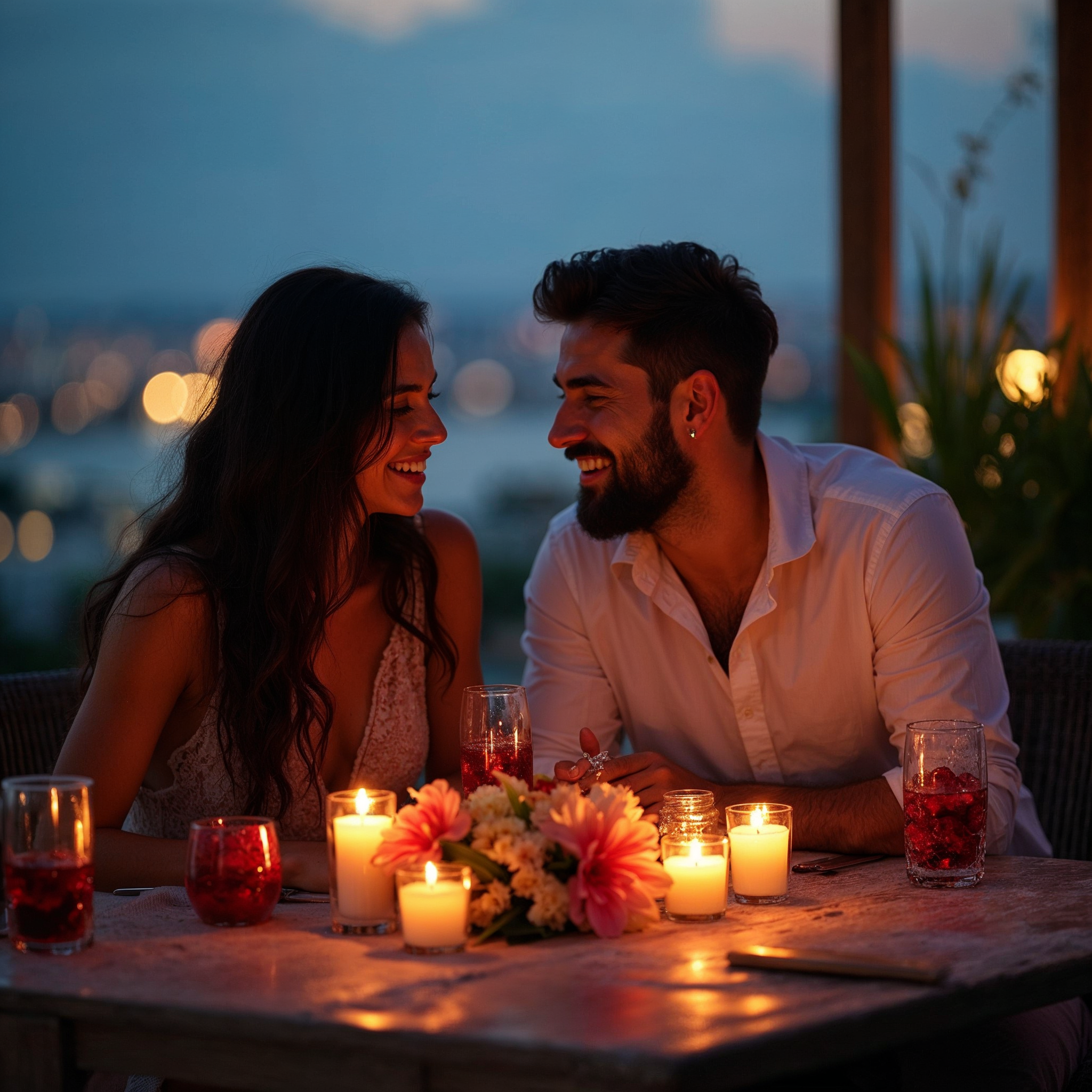 Romantic couple dining at sunset terrace Romantic couple dining at sunset terrace