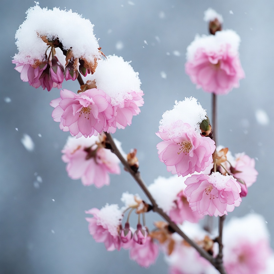 Snow-Covered Pink Cherry Blossoms Snow-Covered Pink Cherry Blossoms