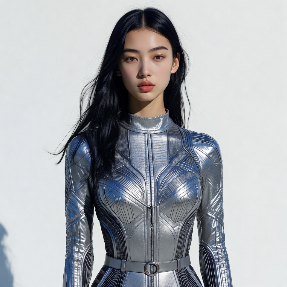 Asian woman in metallic silver bodysuit Asian woman in metallic silver bodysuit
