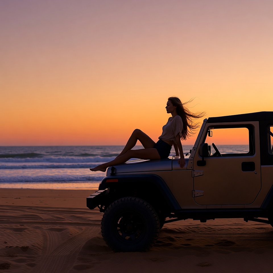 Woman sitting on Jeep at sunset beach Woman sitting on Jeep at sunset beach