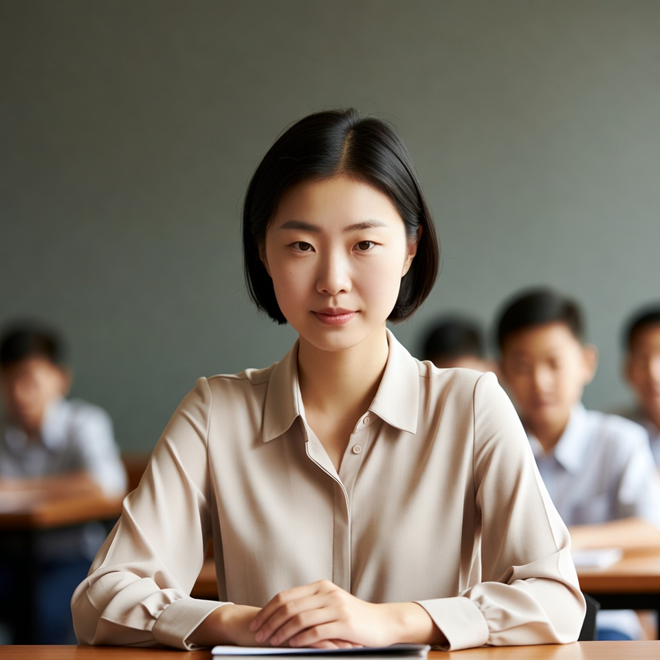 Asian teacher at classroom desk Asian teacher at classroom desk