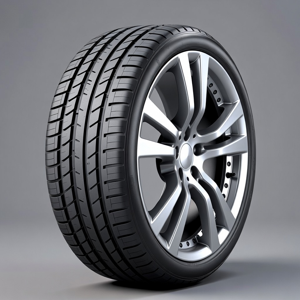 Black car tire with silver alloy wheel Black car tire with silver alloy wheel