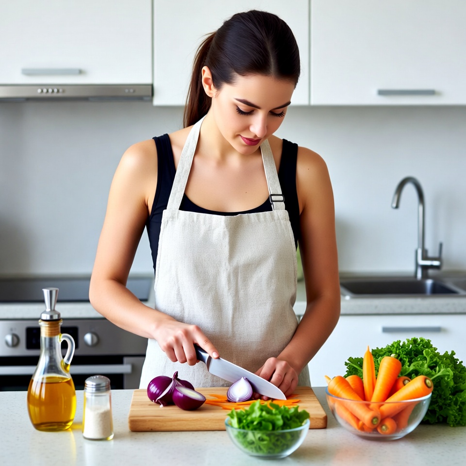 Woman chopping onions in kitchen Woman chopping onions in kitchen