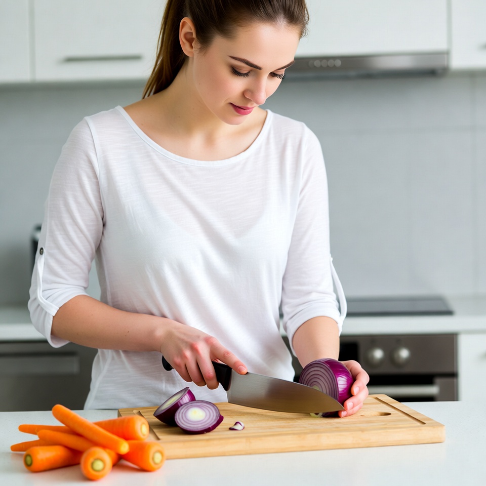 Woman chopping onion in kitchen Woman chopping onion in kitchen