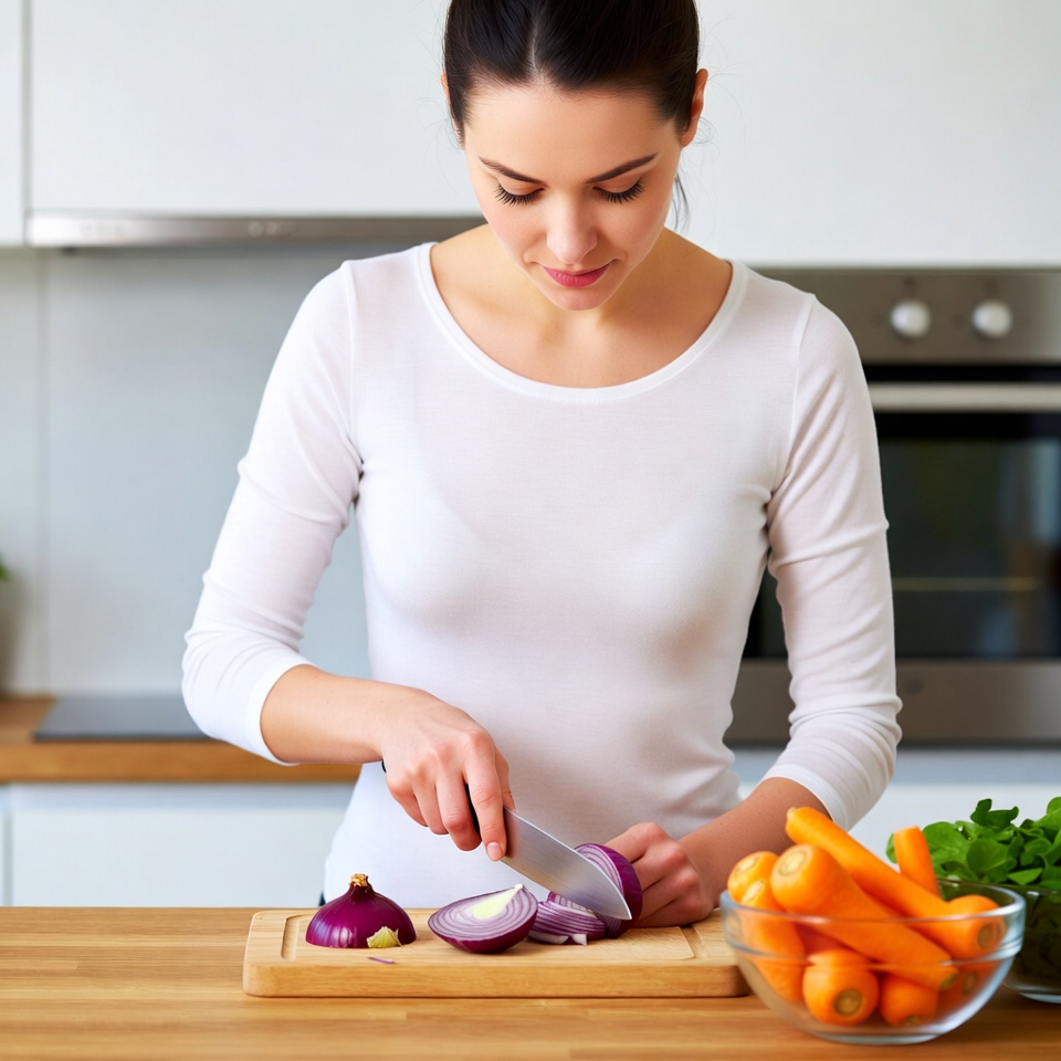 Woman chopping onions in kitchen Woman chopping onions in kitchen
