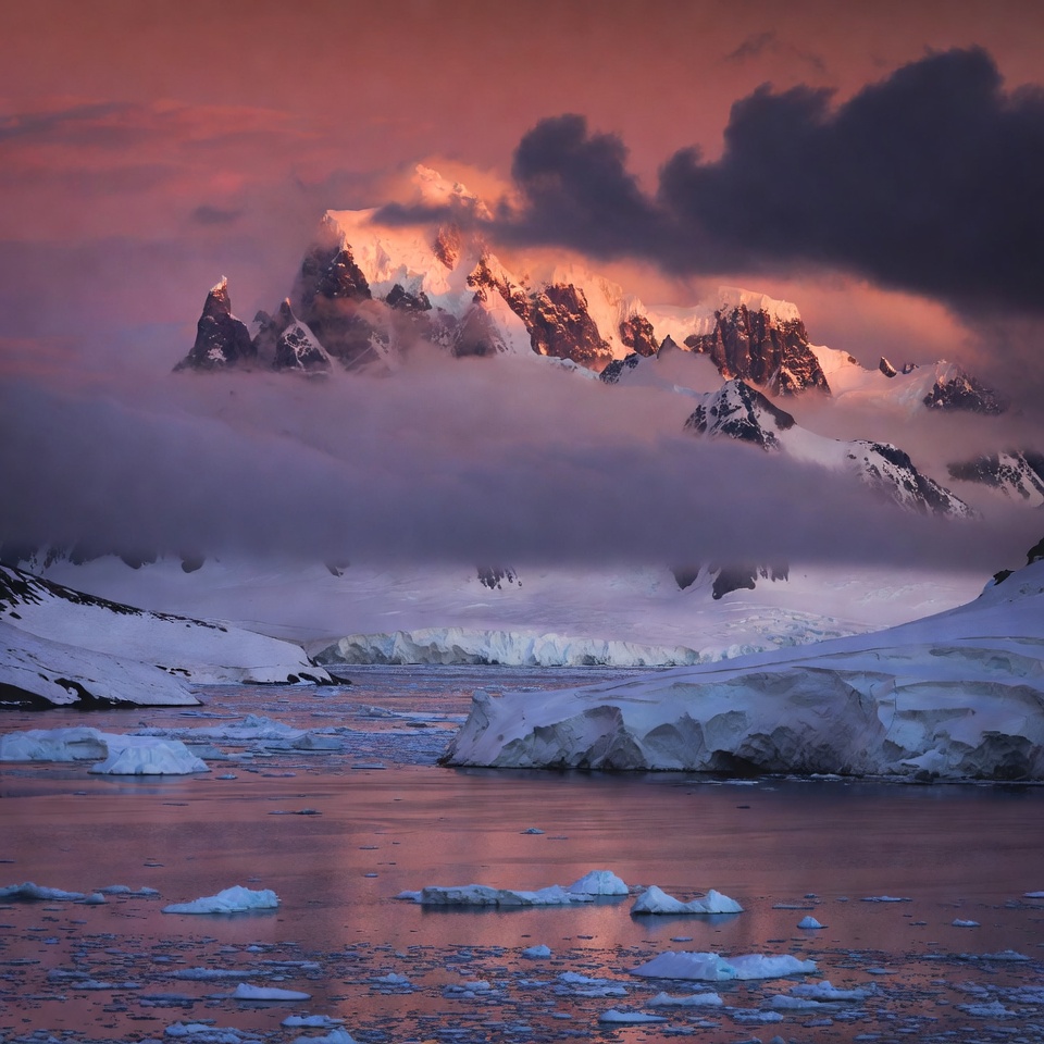Sunset over Snowy Mountains and Iceberg Lake Sunset over Snowy Mountains and Iceberg Lake