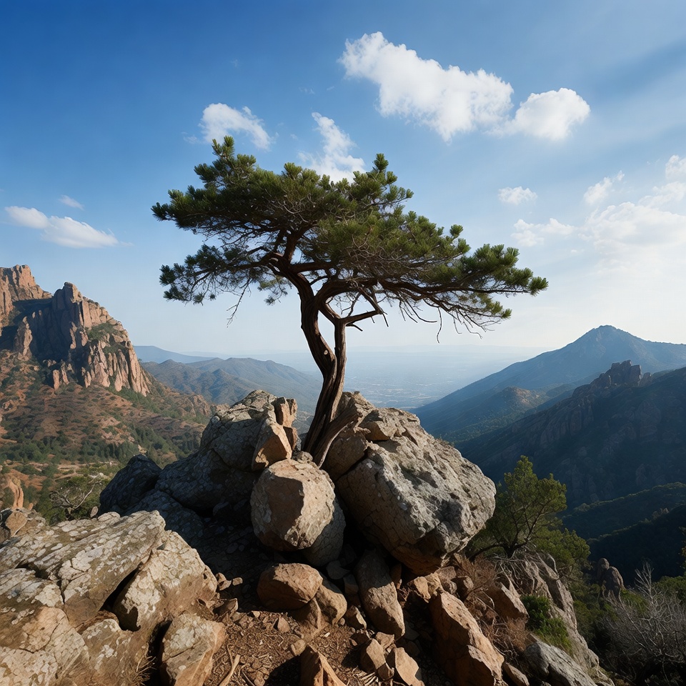 Solitary pine tree on rocky mountain Solitary pine tree on rocky mountain
