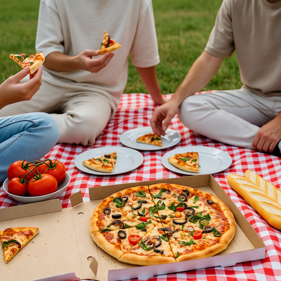Friends Eating Pizza Picnic Outdoors Friends Eating Pizza Picnic Outdoors