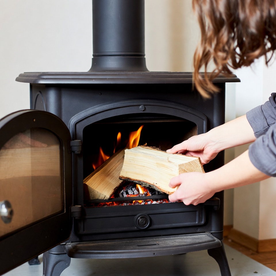 Woman adding logs to fireplace Woman adding logs to fireplace