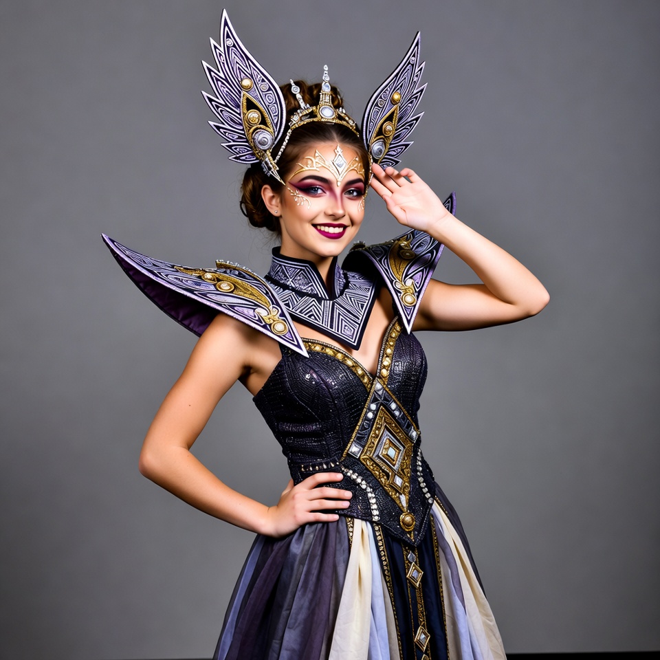 Woman in winged headdress and fantasy gown Woman in winged headdress and fantasy gown