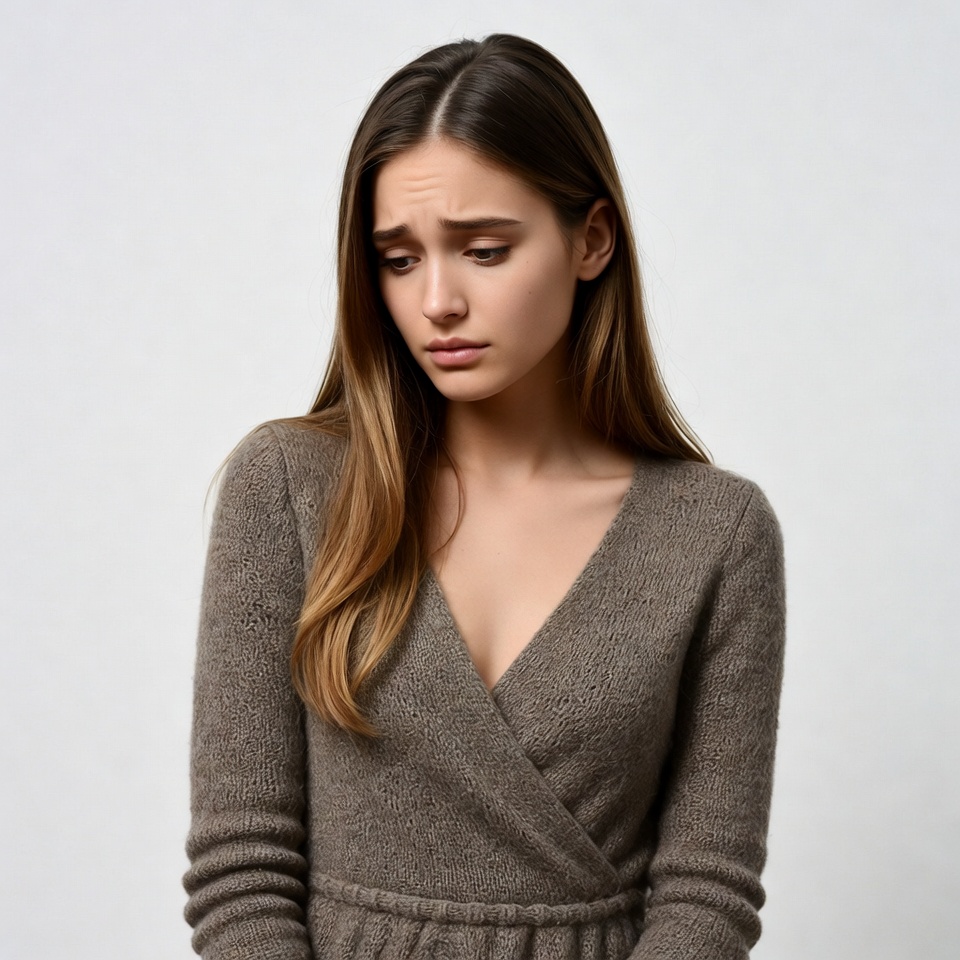 Sad young woman in brown sweater Sad young woman in brown sweater