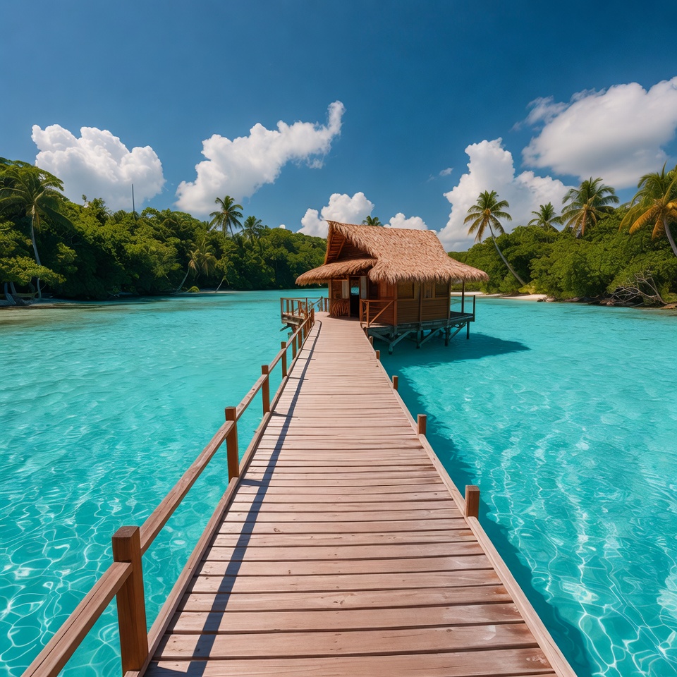 Overwater bungalow on turquoise lagoon Overwater bungalow on turquoise lagoon