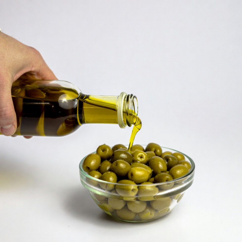 Hand pouring olive oil on olives Hand pouring olive oil on olives