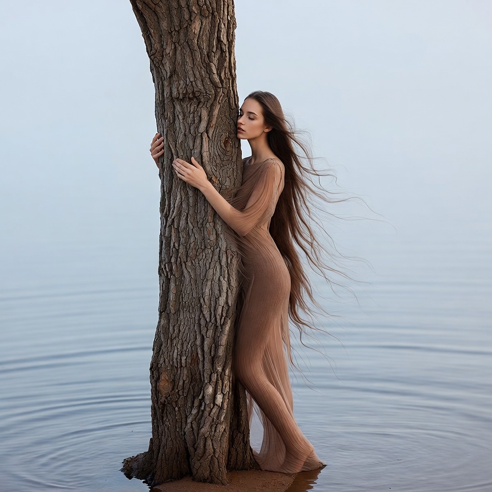 Woman hugging tree by water Woman hugging tree by water