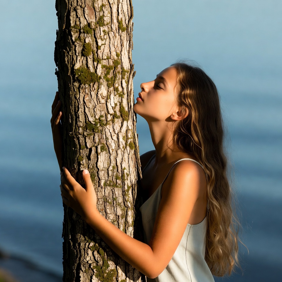 Woman hugging tree by lake Woman hugging tree by lake