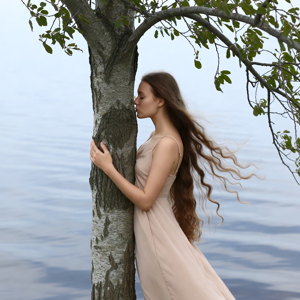 Woman hugging tree by lake Woman hugging tree by lake