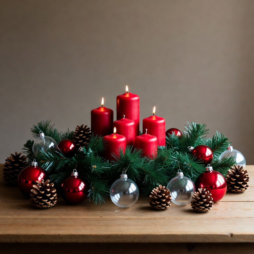 Red candles Christmas wreath arrangement Red candles Christmas wreath arrangement