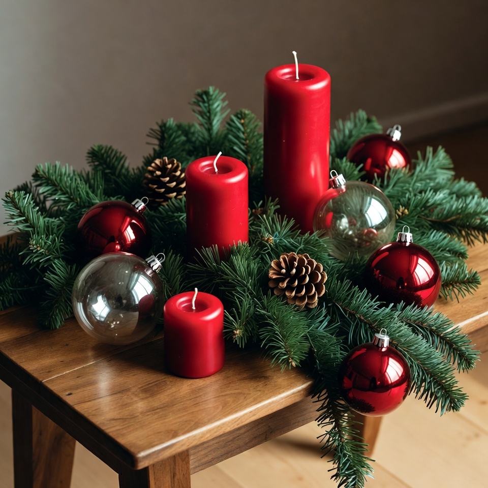 Christmas Candle Wreath on Wooden Table Christmas Candle Wreath on Wooden Table