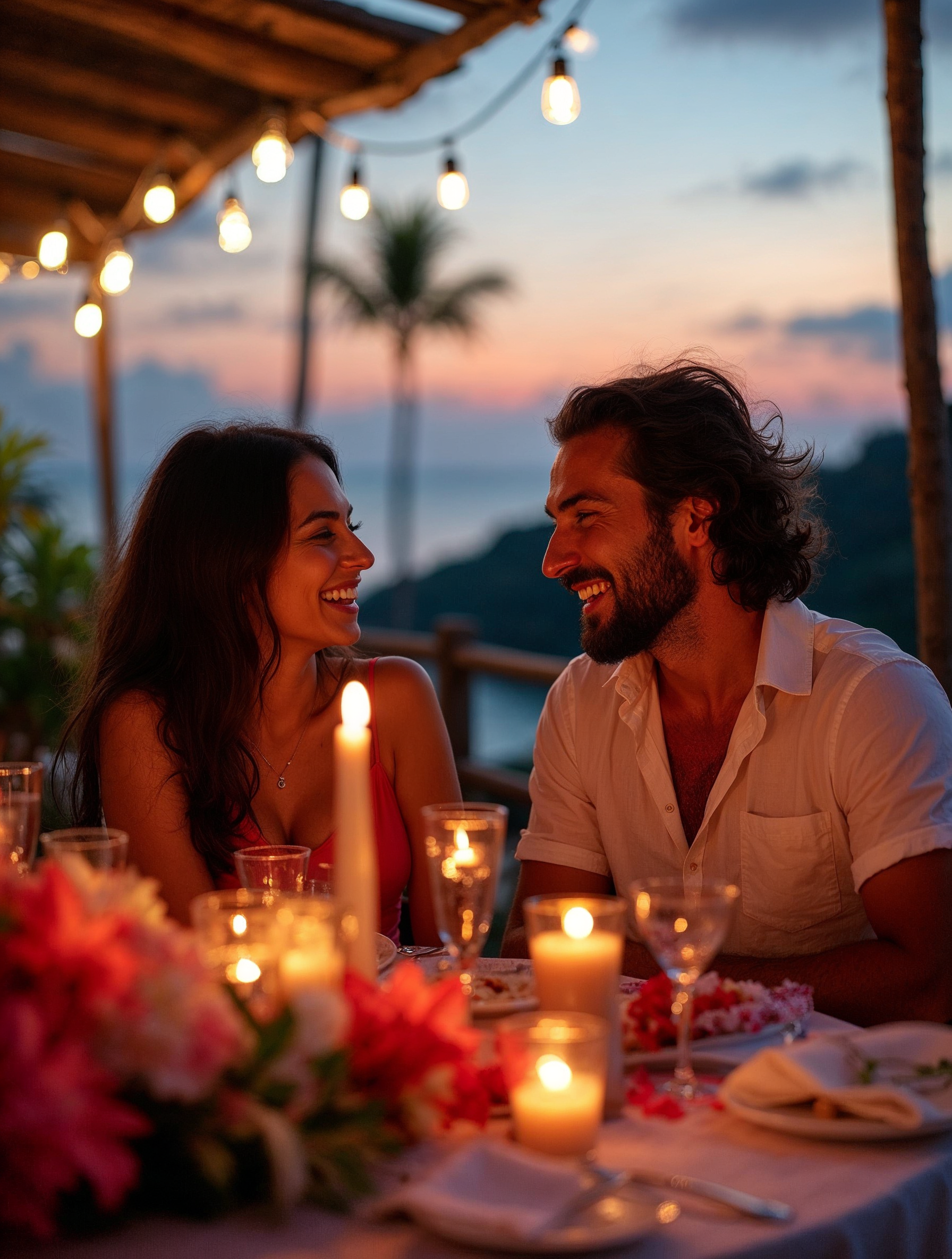 Romantic couple dining at sunset beach Romantic couple dining at sunset beach