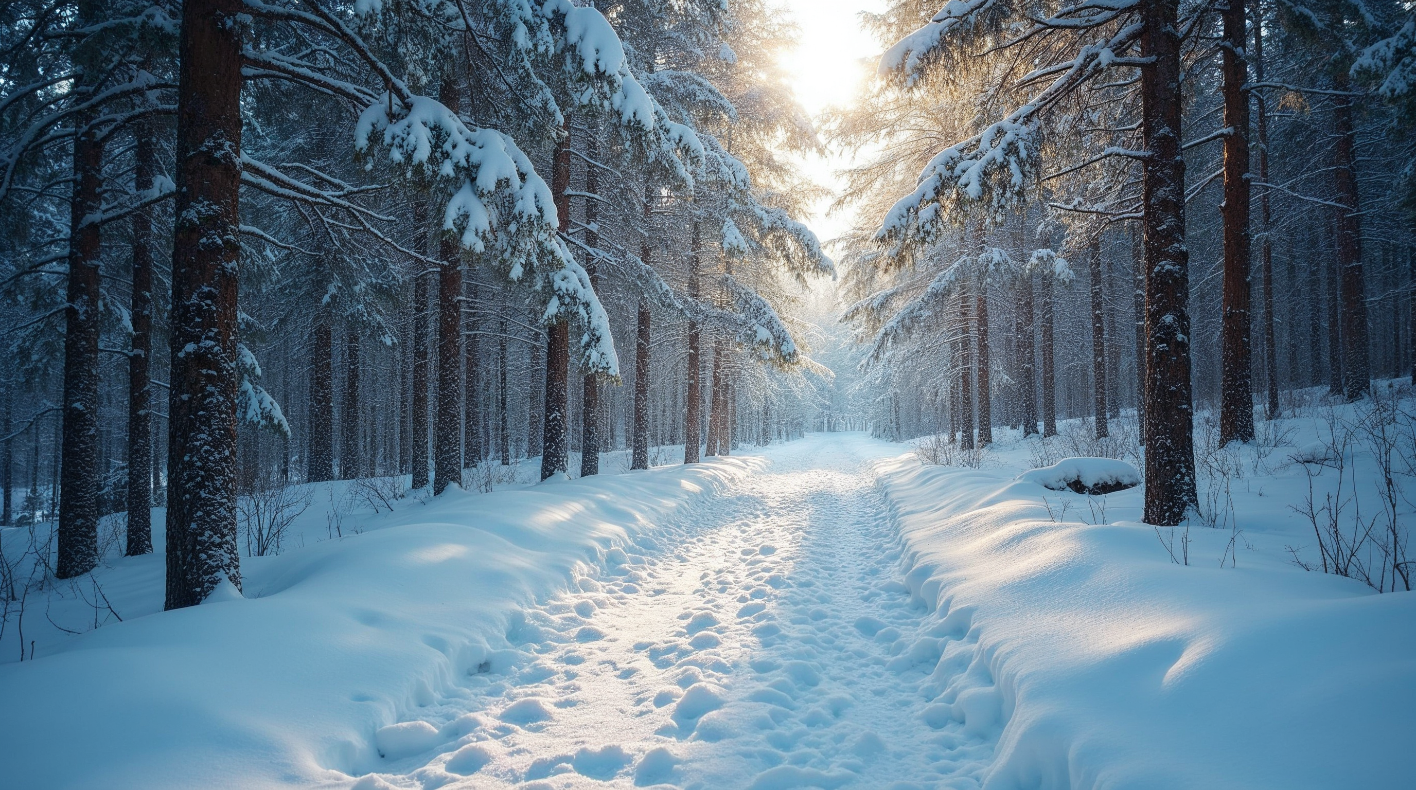 Snowy Path Through Sunlit Pine Forest Snowy Path Through Sunlit Pine Forest