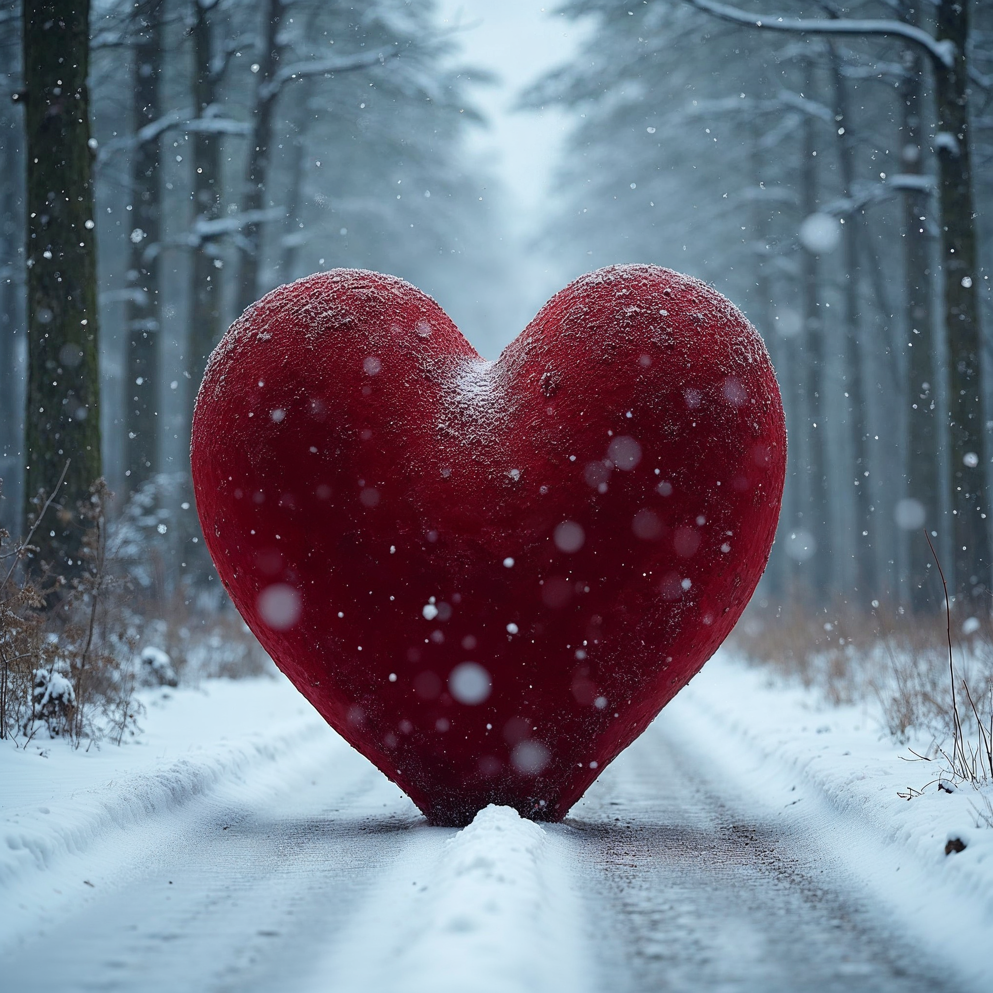 Snowy Red Heart in Forest Path Snowy Red Heart in Forest Path