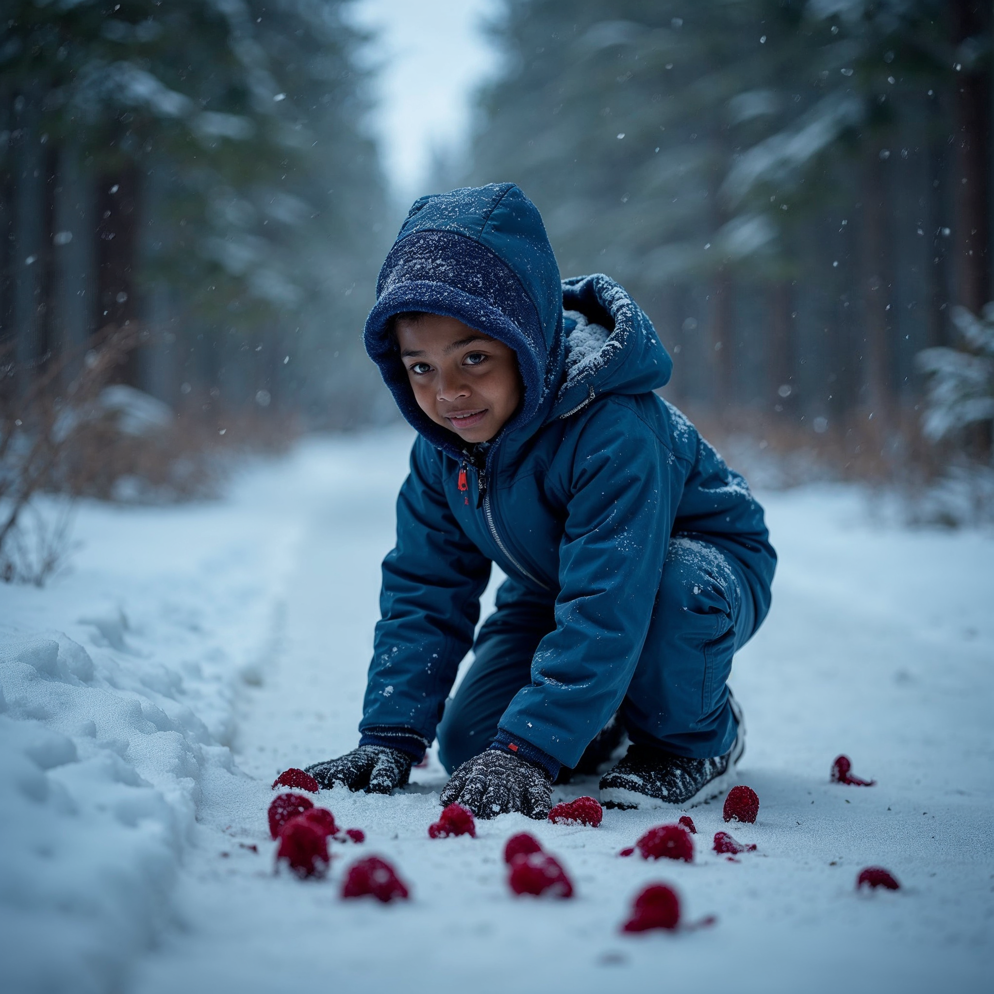 Boy playing with red pom poms in snowy forest Boy playing with red pom poms in snowy forest