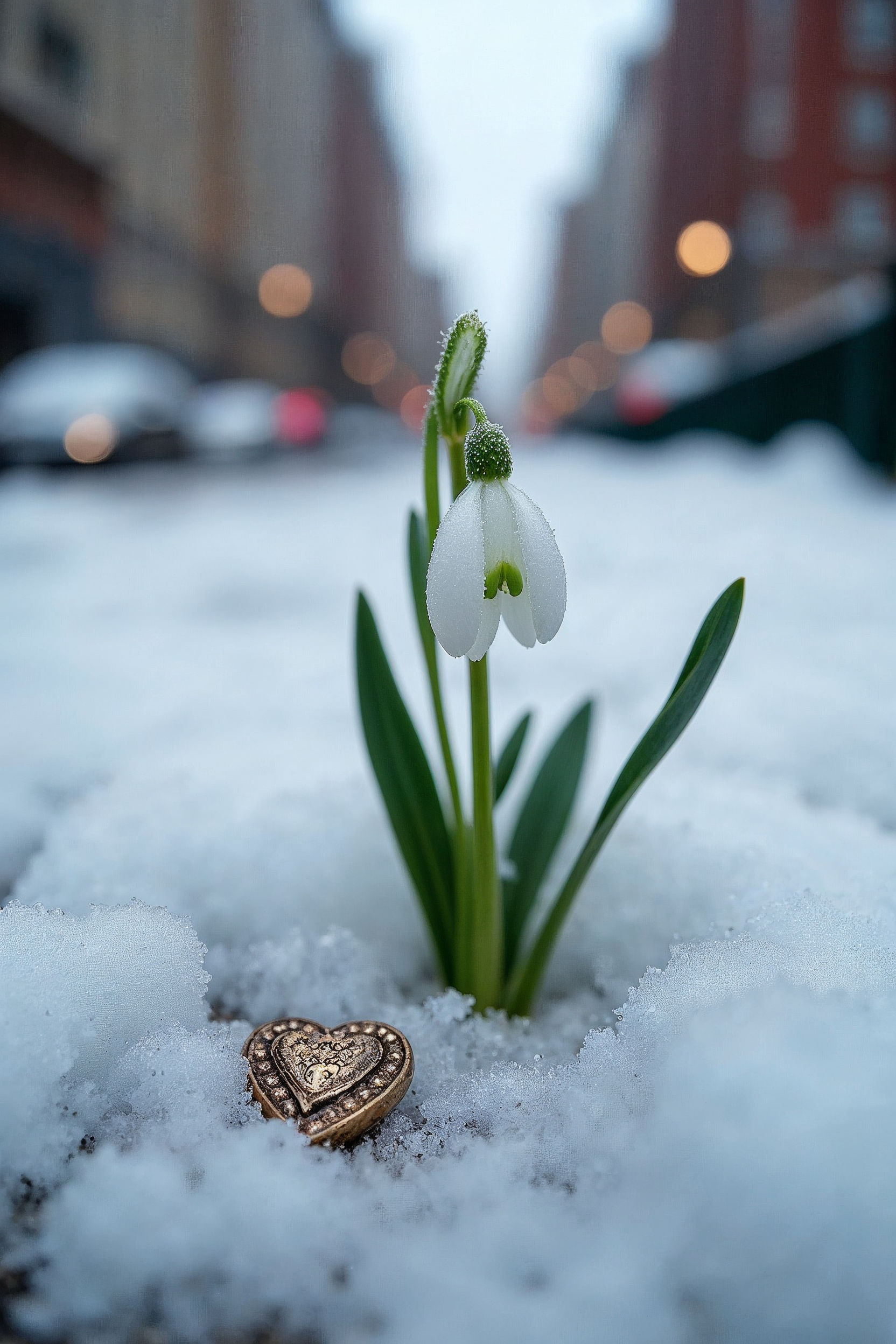 Snowdrop Flower with Heart in Snowy Alley Snowdrop Flower with Heart in Snowy Alley