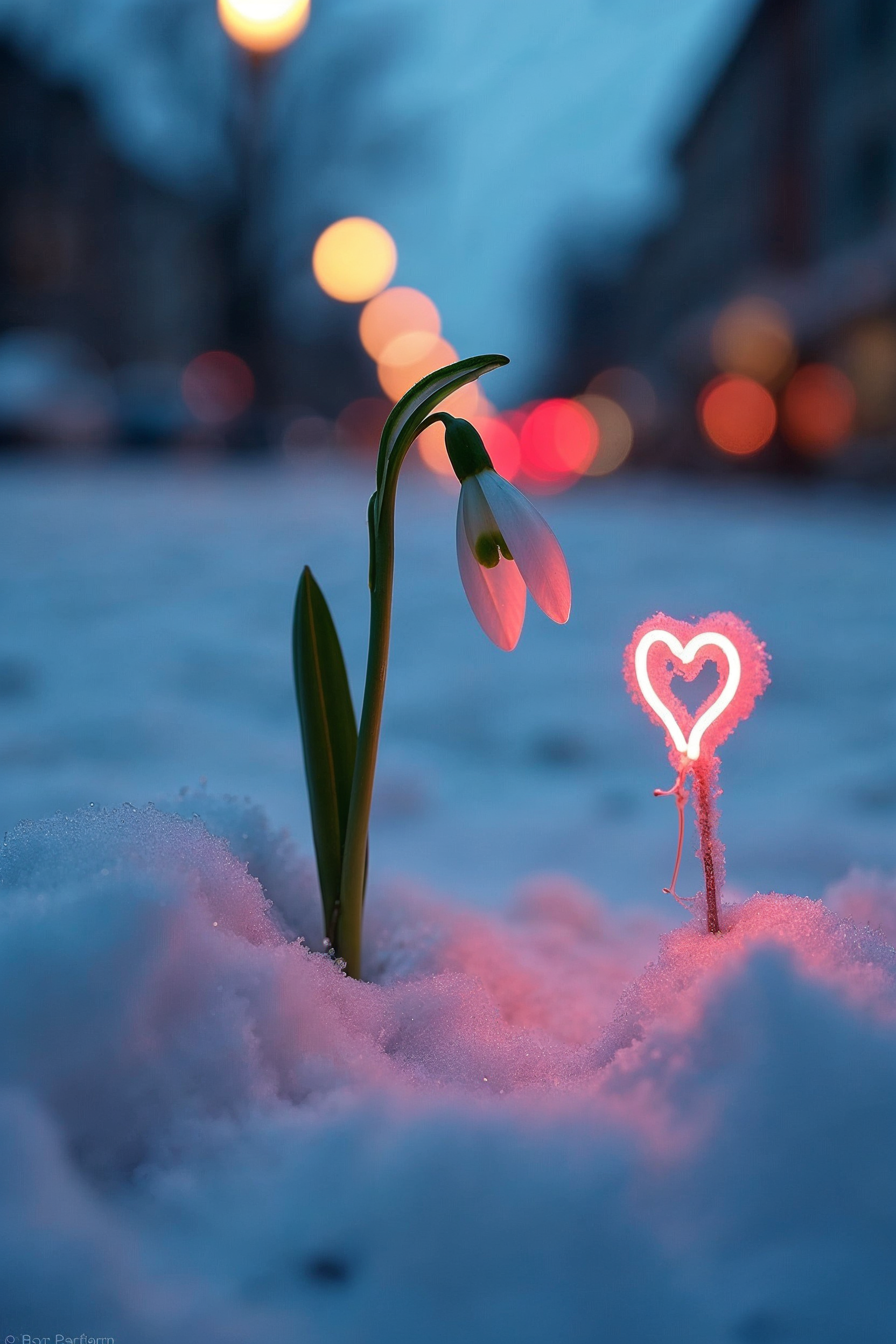 Snowdrop Flower with Neon Heart in Snow Snowdrop Flower with Neon Heart in Snow