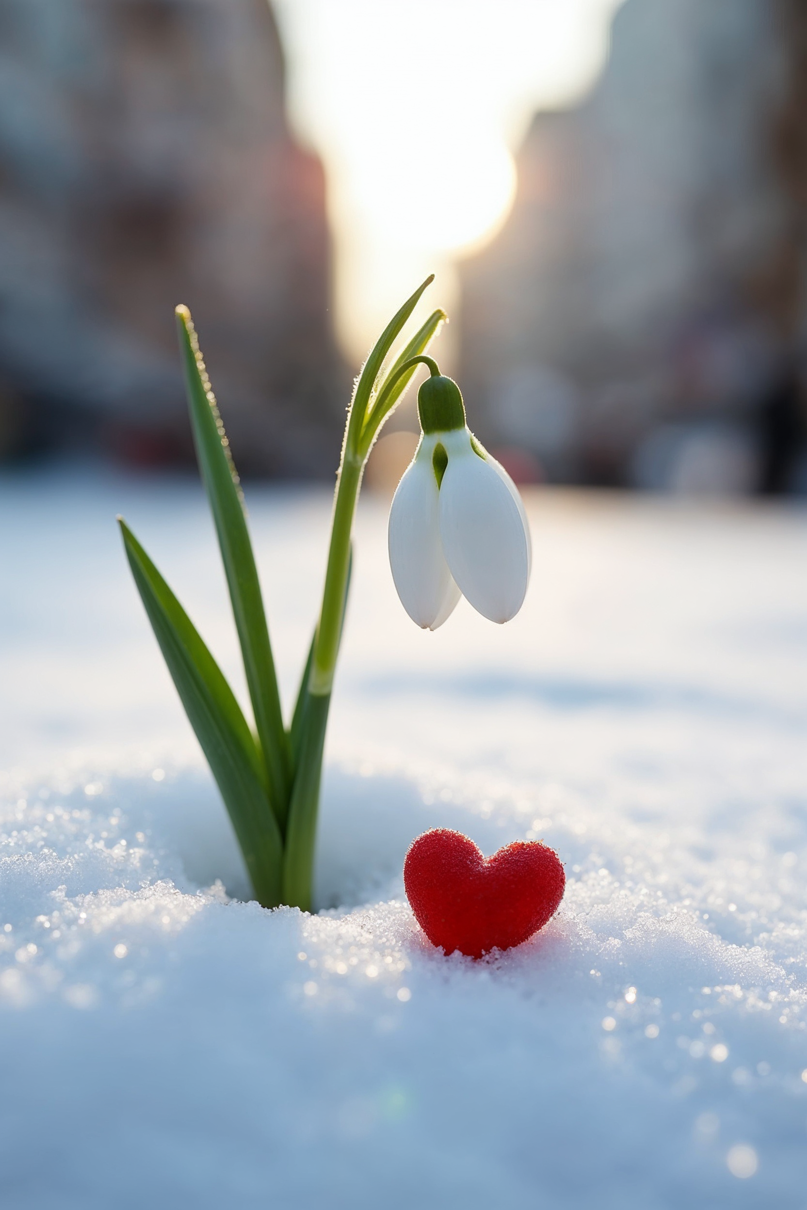 Snowdrop flower with red heart on snow Snowdrop flower with red heart on snow