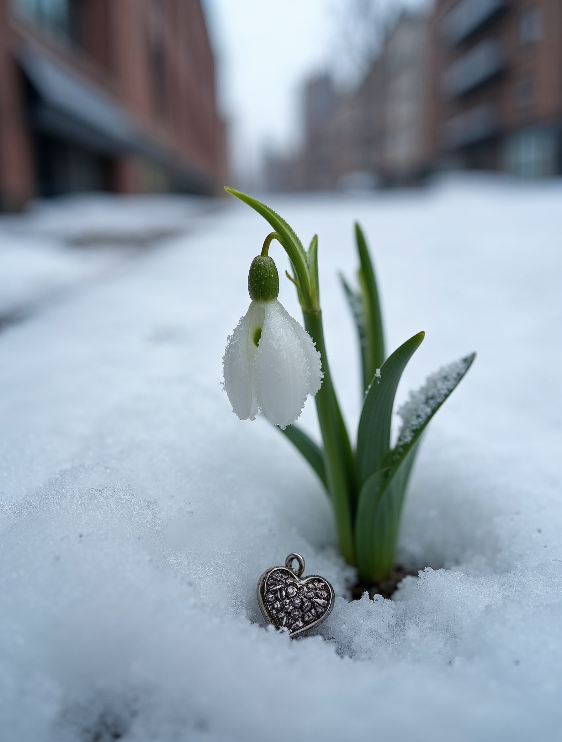 Snowdrop flower with heart pendant in snow Snowdrop flower with heart pendant in snow