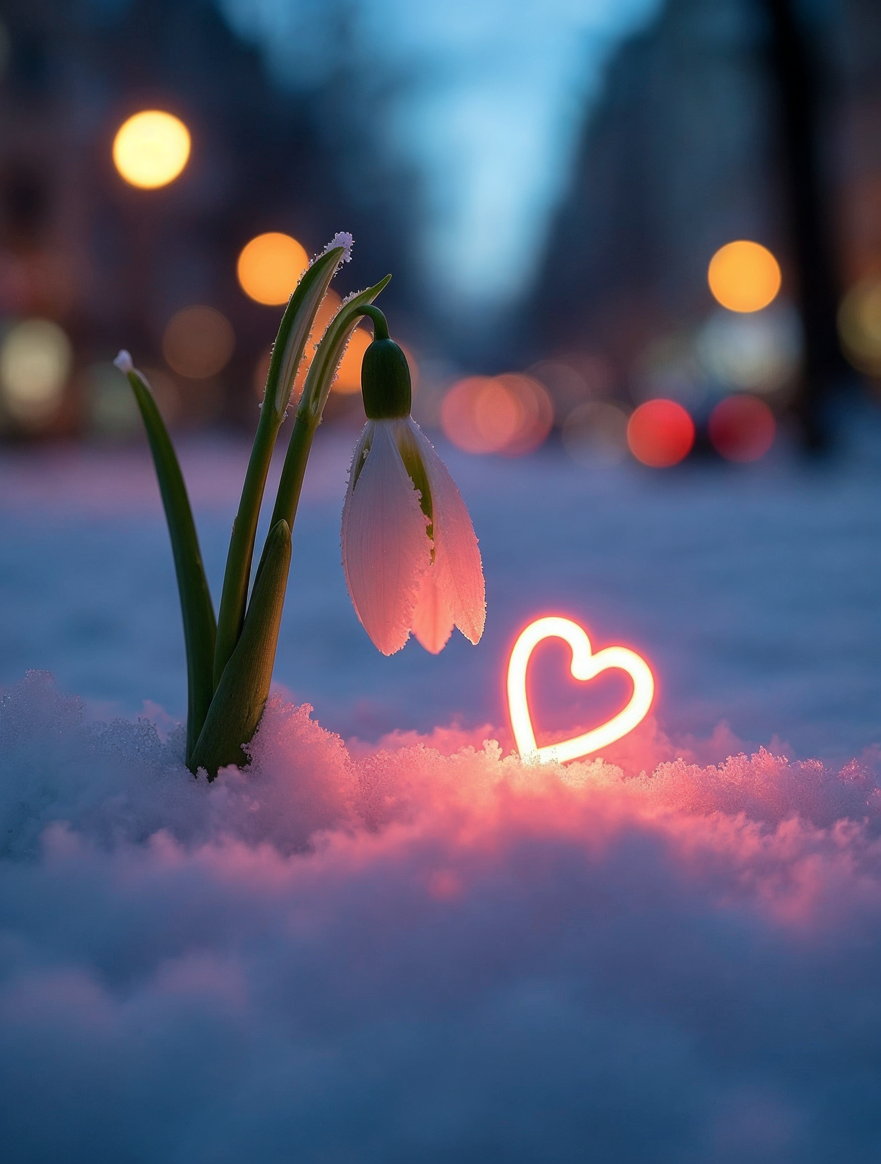 Snowdrop Flower with Glowing Heart in Snow Snowdrop Flower with Glowing Heart in Snow