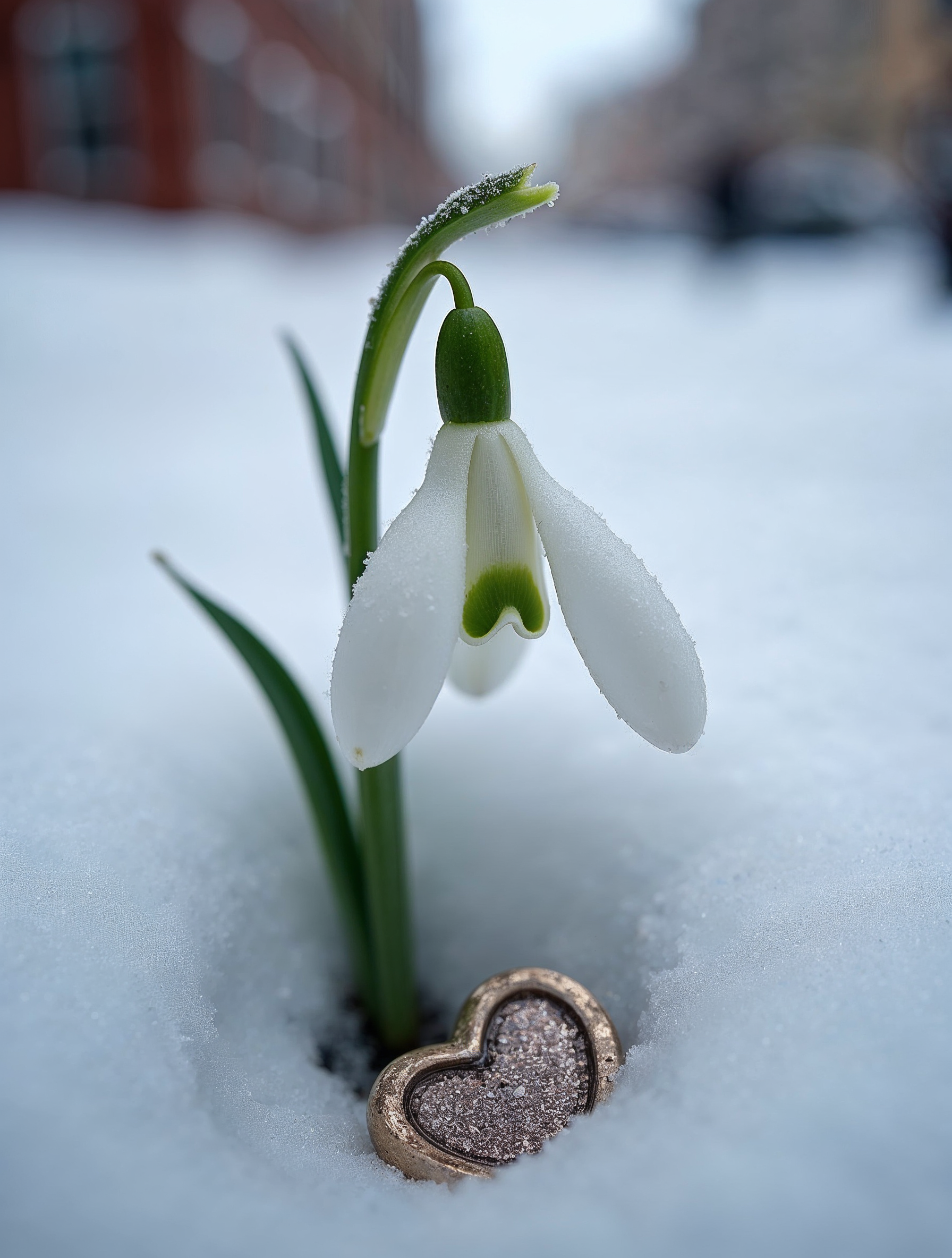Snowdrop flower with heart in snow Snowdrop flower with heart in snow
