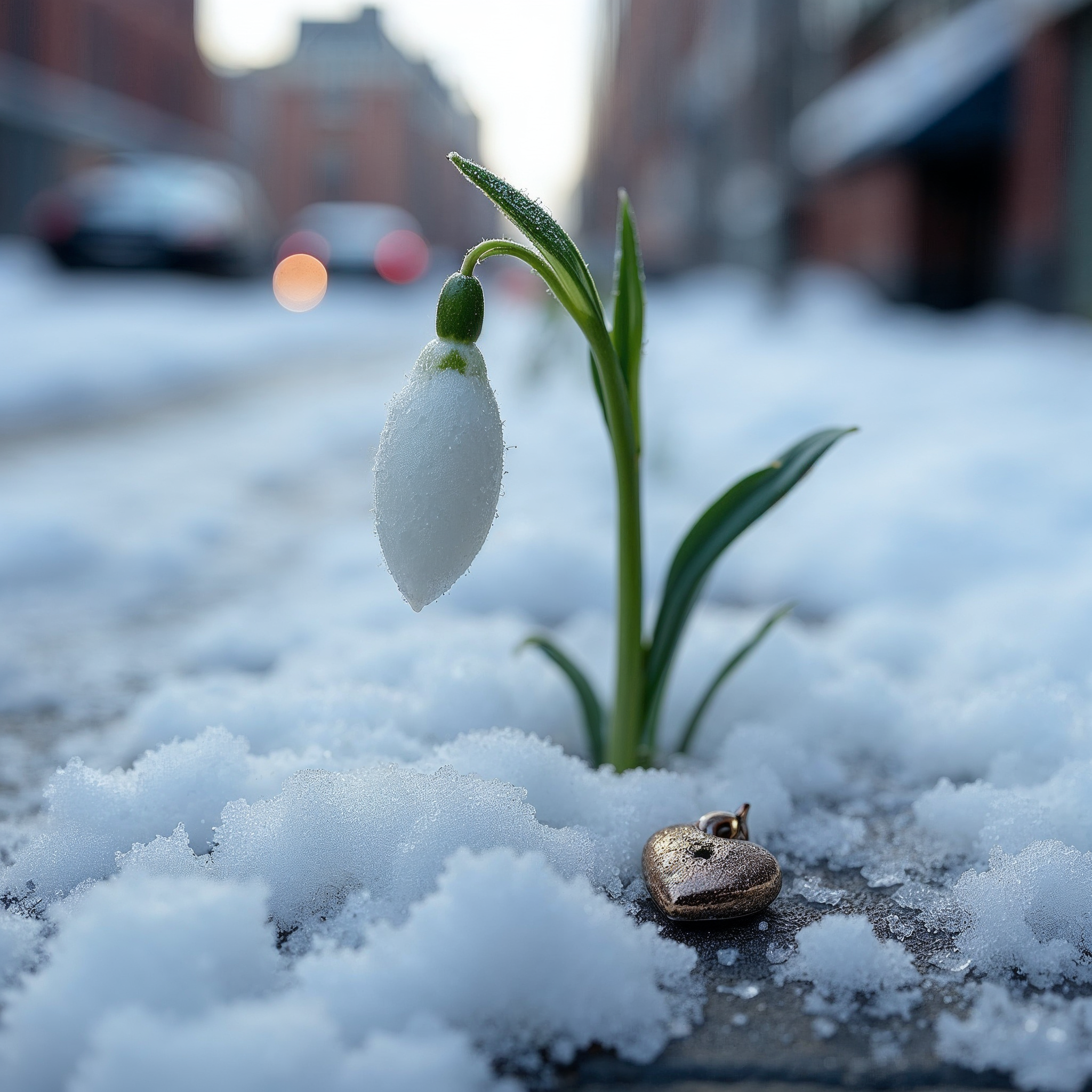 Snowdrop flower with gold heart in snow Snowdrop flower with gold heart in snow