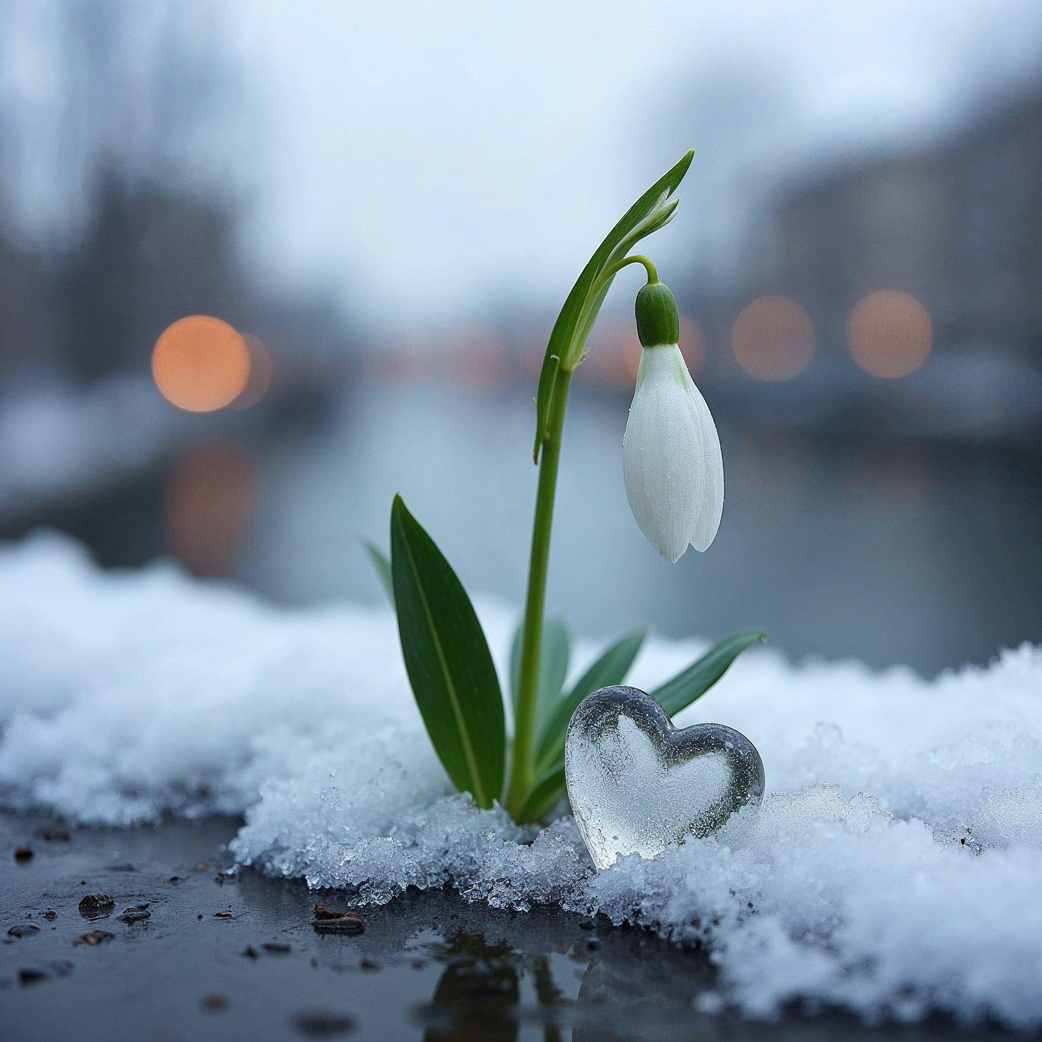 Snowdrop Flower with Ice Heart on Snow Snowdrop Flower with Ice Heart on Snow