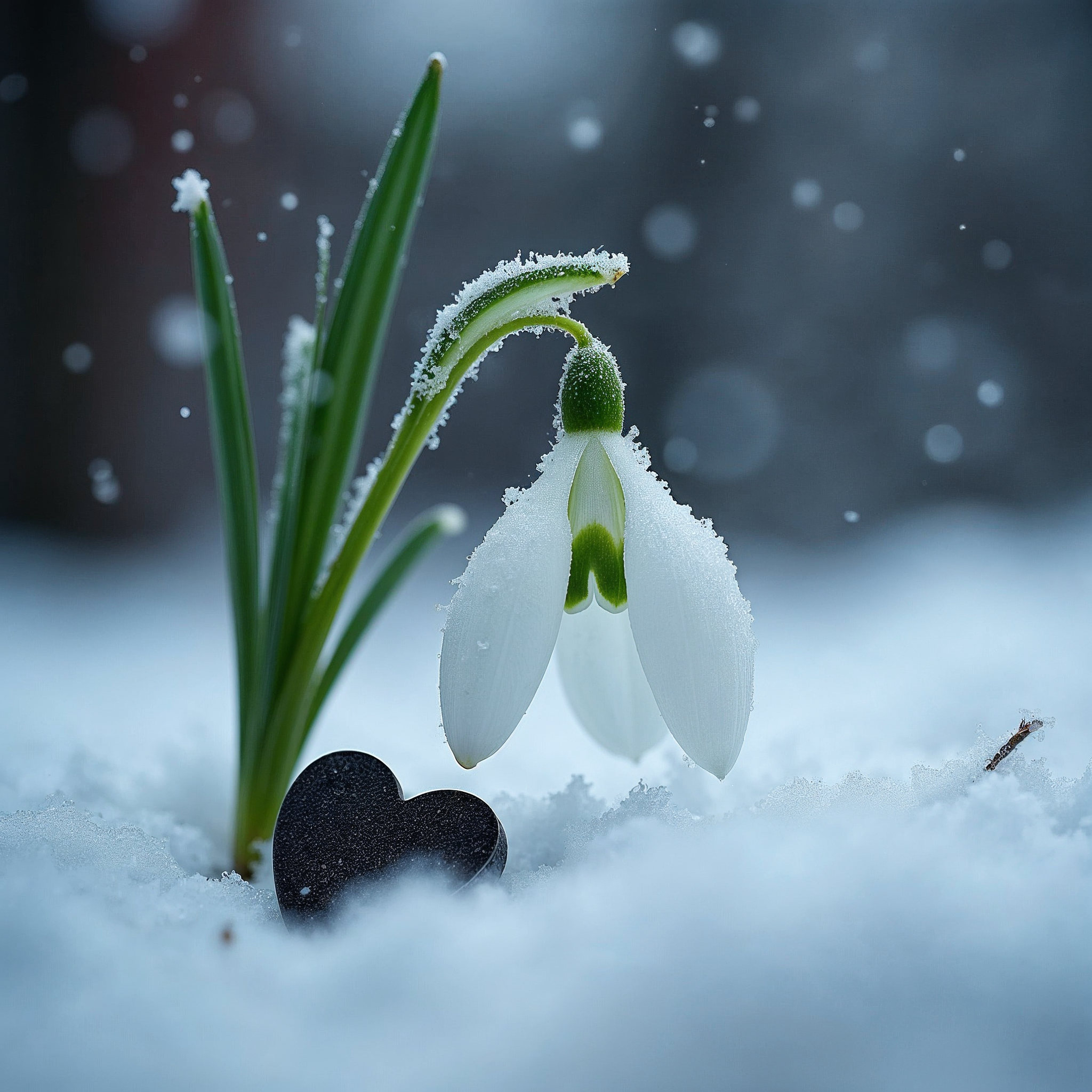 Snowdrop flower with heart in snow Snowdrop flower with heart in snow