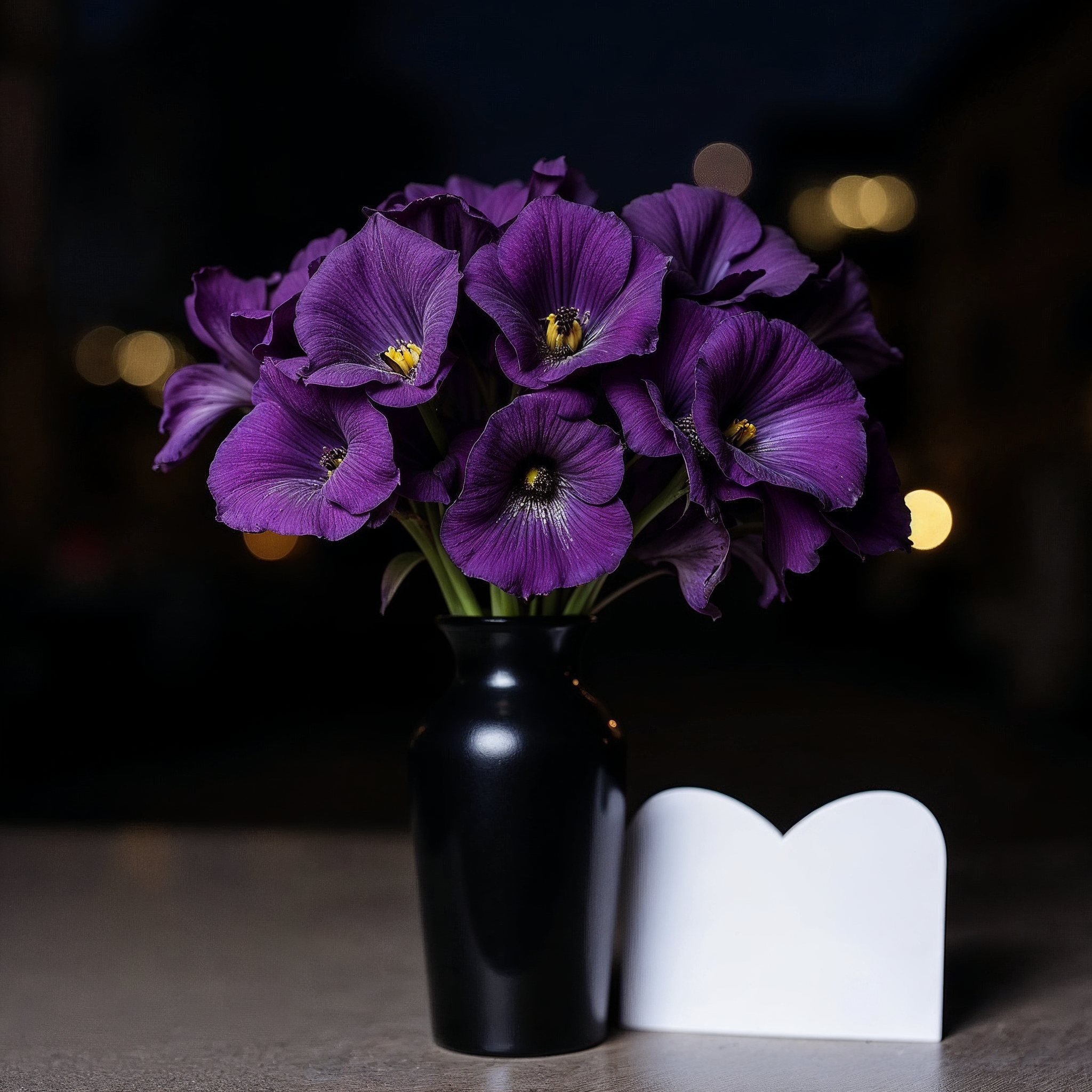 Purple Flowers in Black Vase with Blank Heart Sign Purple Flowers in Black Vase with Blank Heart Sign