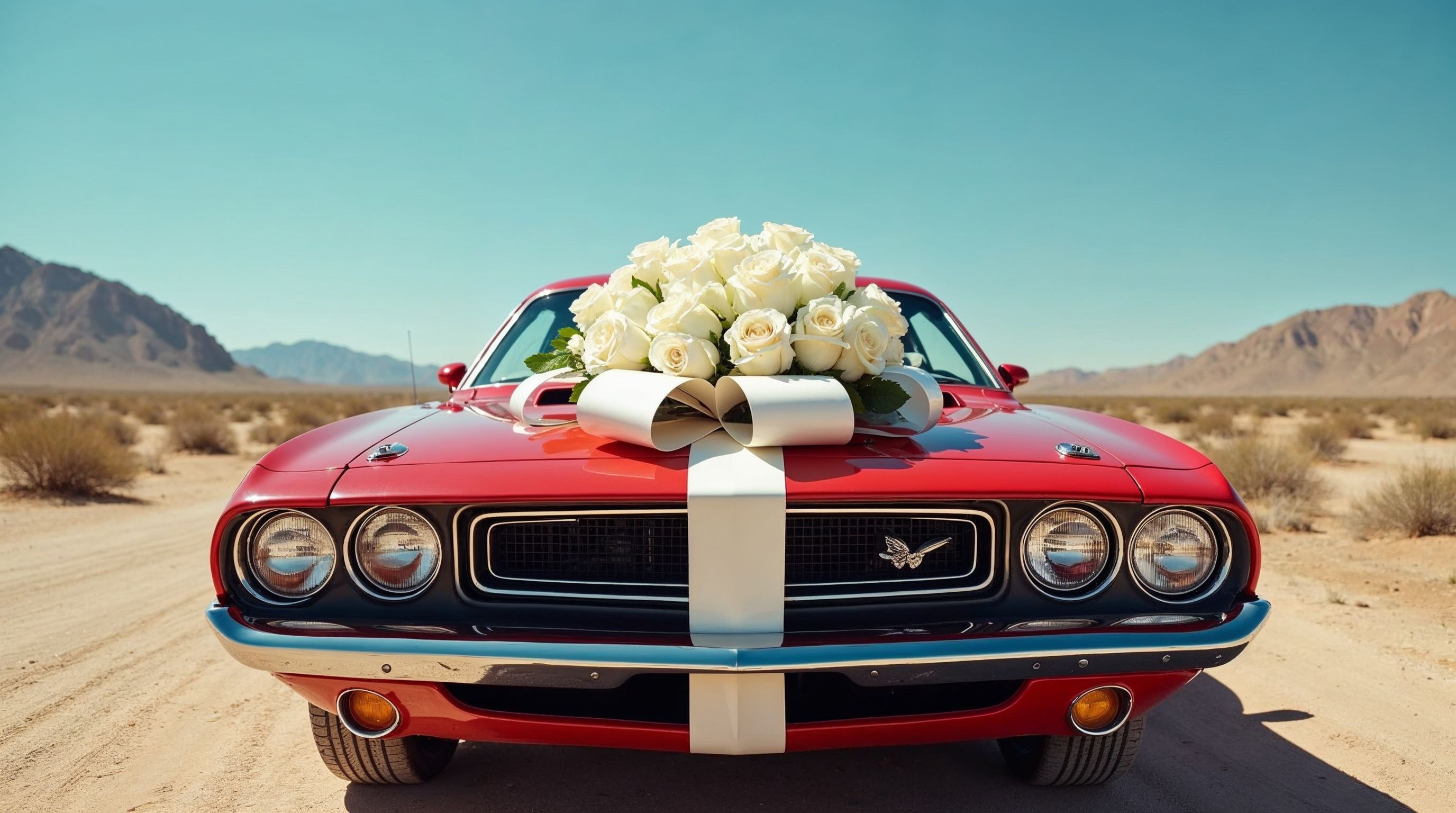 Red muscle car with white roses Red muscle car with white roses