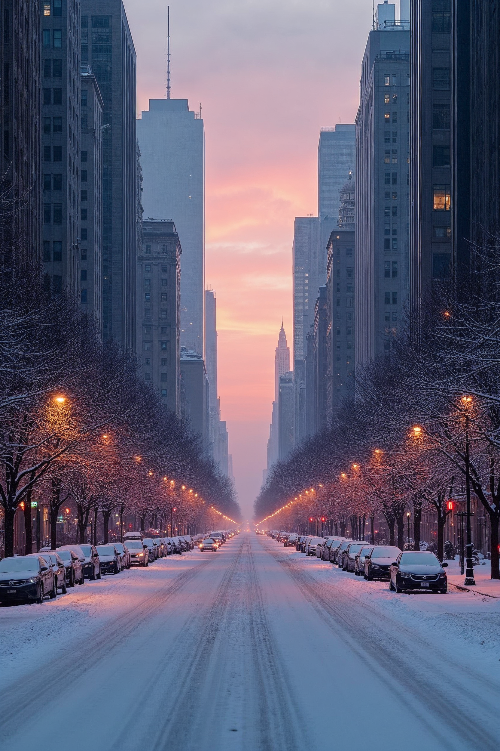 Snowy Manhattan Street at Sunset Snowy Manhattan Street at Sunset