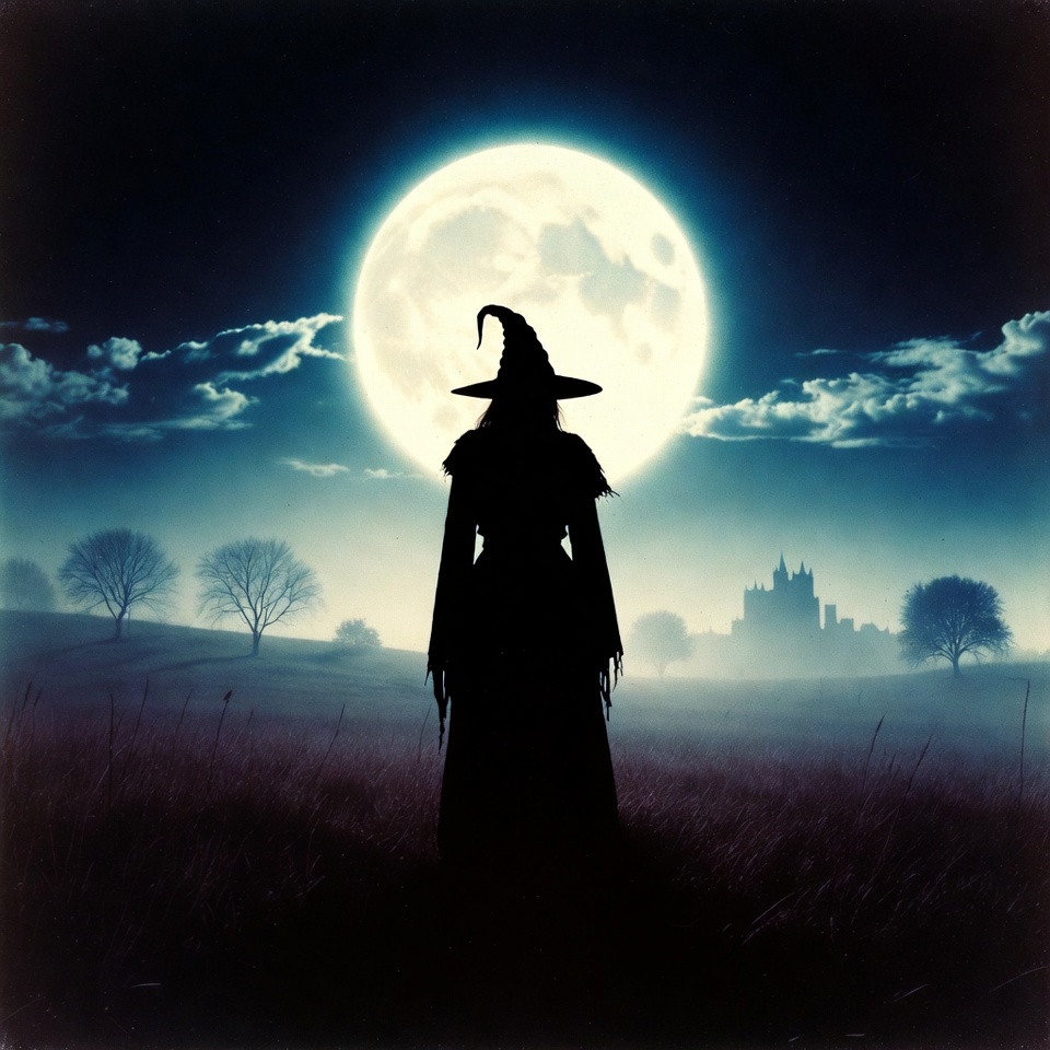Silhouette witch under full moon Silhouette witch under full moon