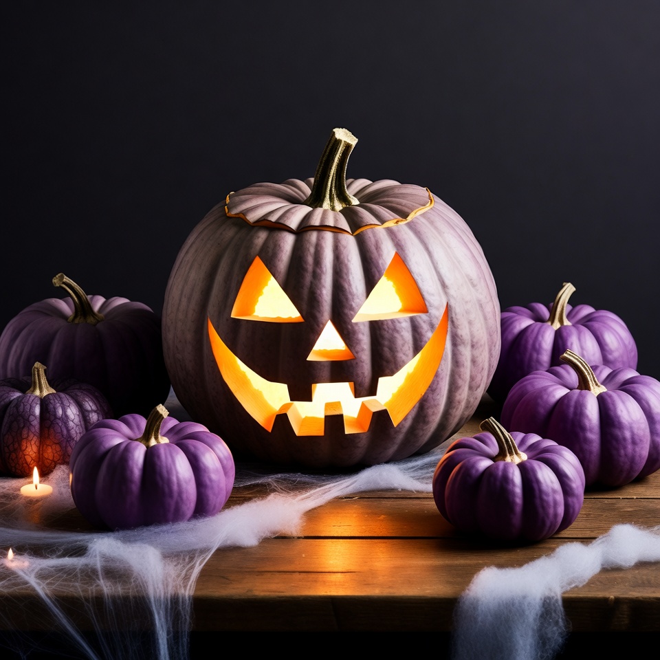 Lit Jack-o'-lantern with Purple Pumpkins Lit Jack-o'-lantern with Purple Pumpkins