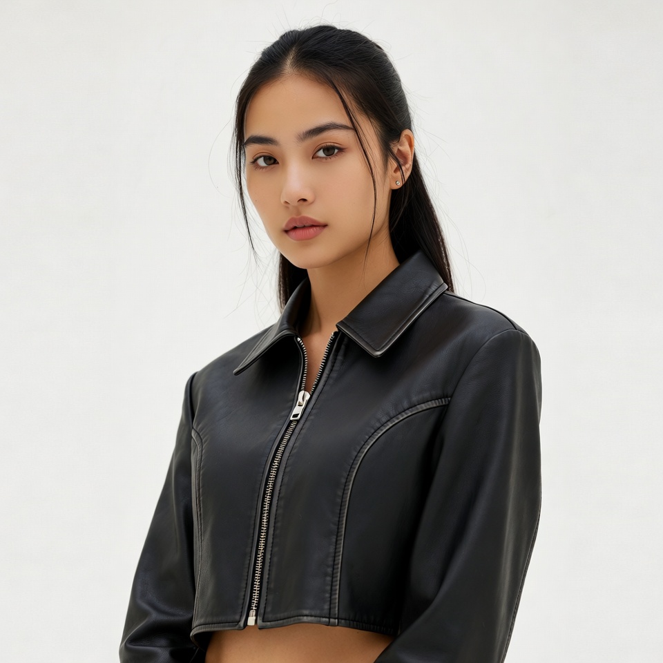 Asian woman in black leather jacket Asian woman in black leather jacket