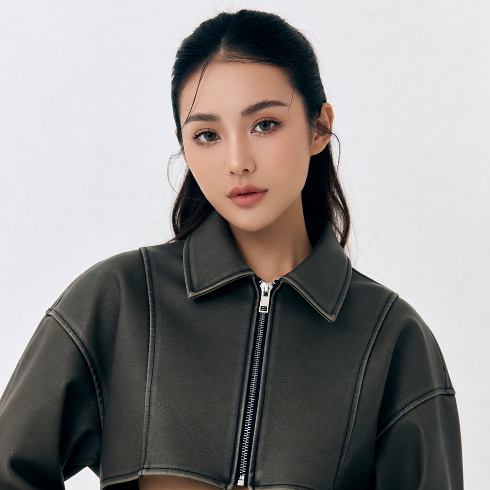 Asian woman in cropped leather jacket Asian woman in cropped leather jacket