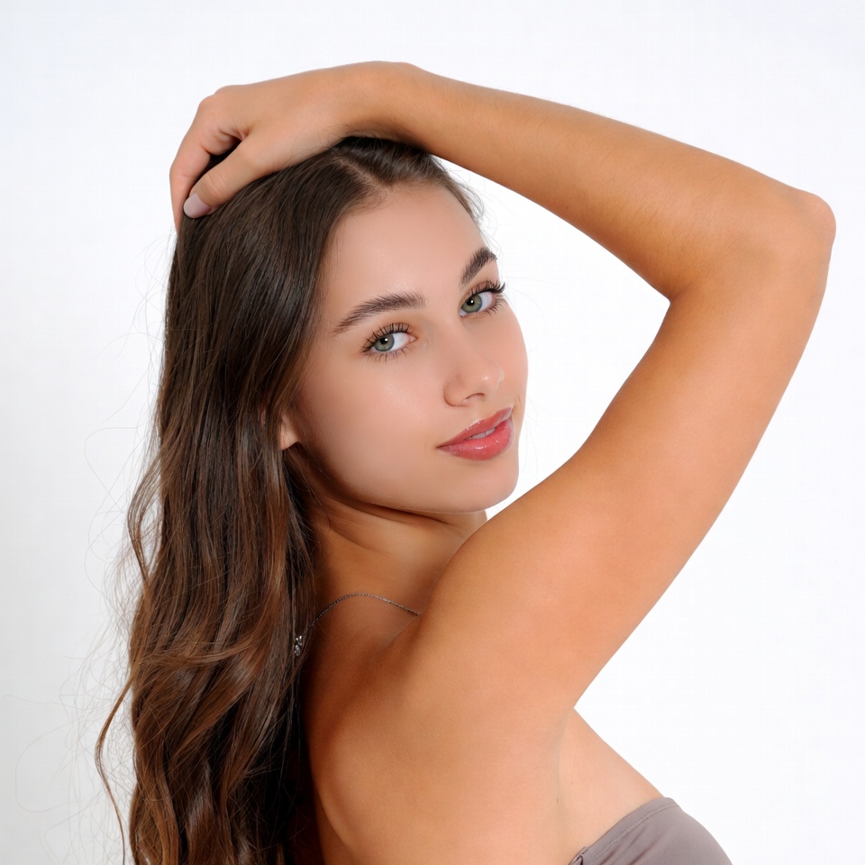 Woman touching hair on white background Woman touching hair on white background