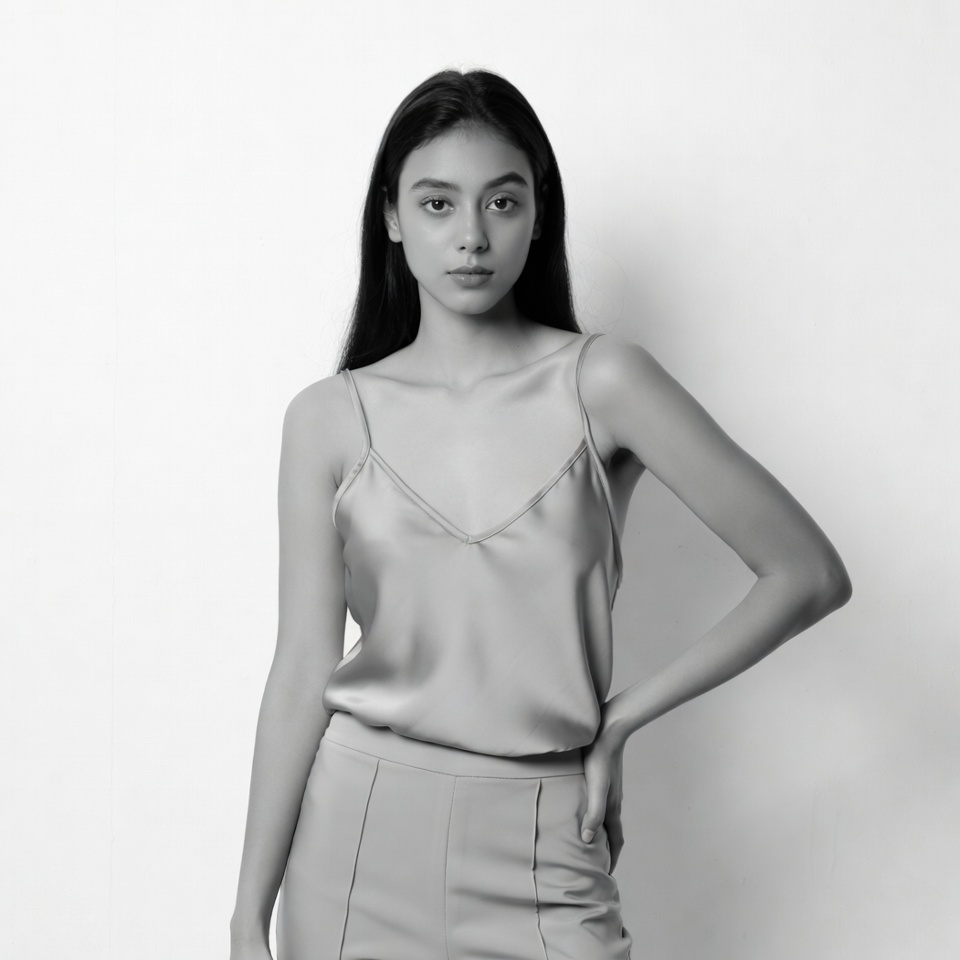 Asian woman in silk slip dress Asian woman in silk slip dress