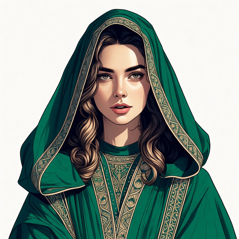Woman in green hooded robe Woman in green hooded robe