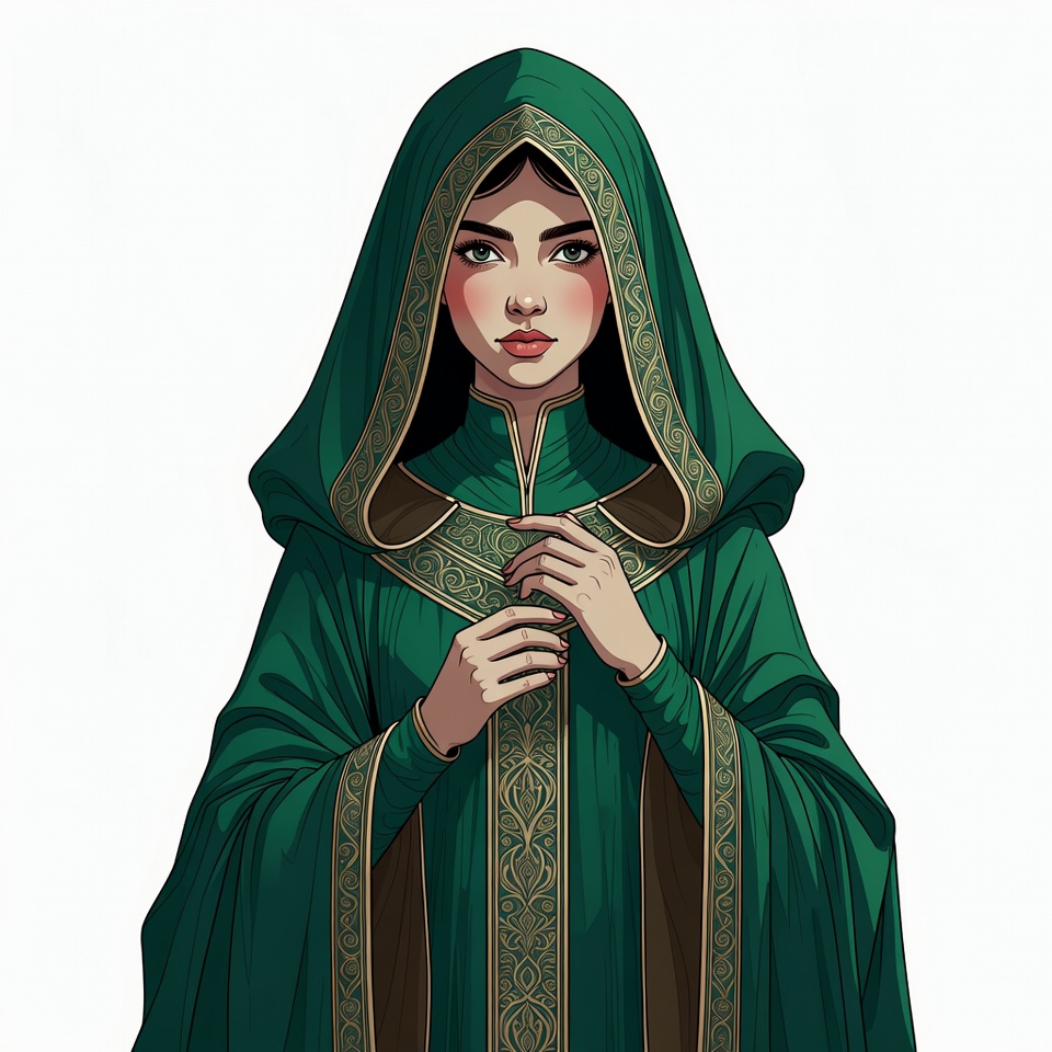 Woman in green hooded robe Woman in green hooded robe