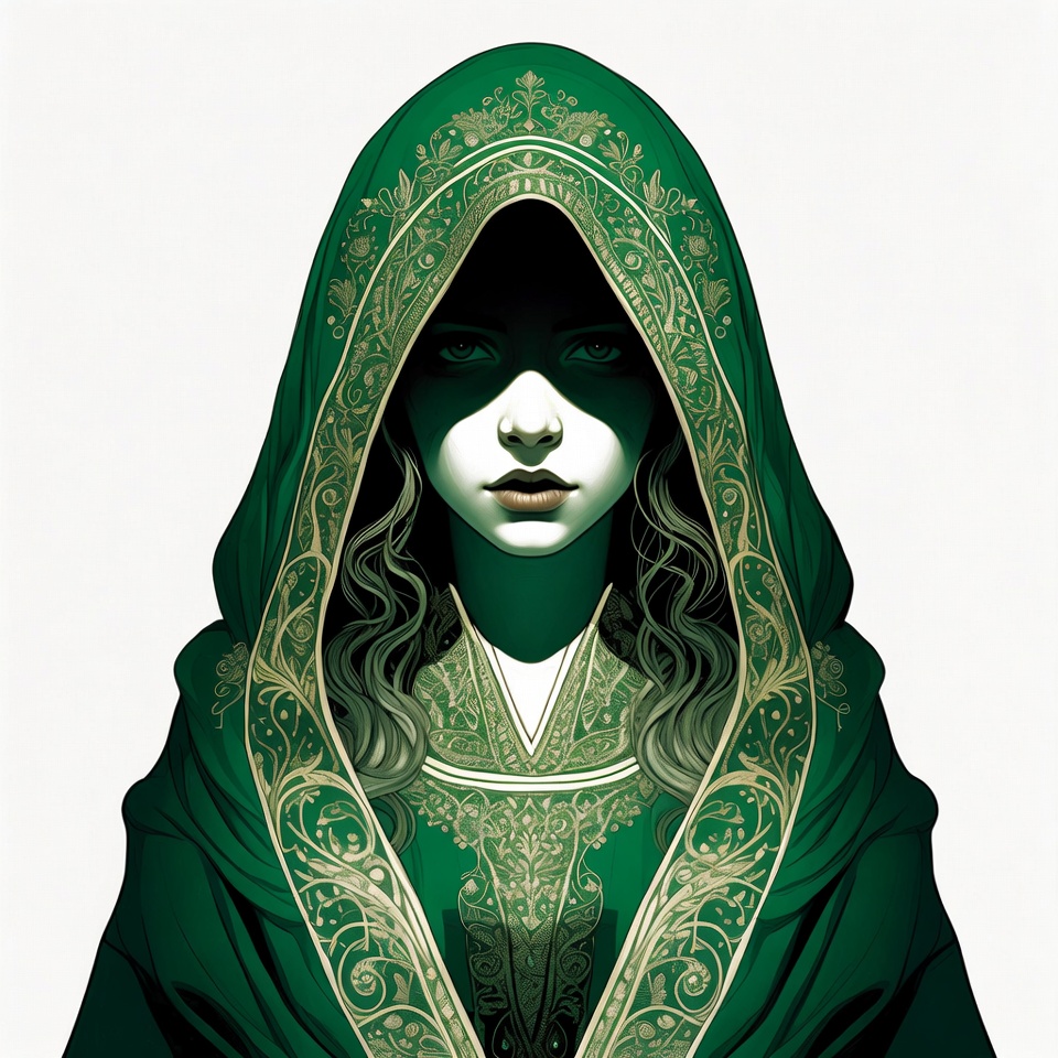 Woman in ornate green hooded cloak Woman in ornate green hooded cloak