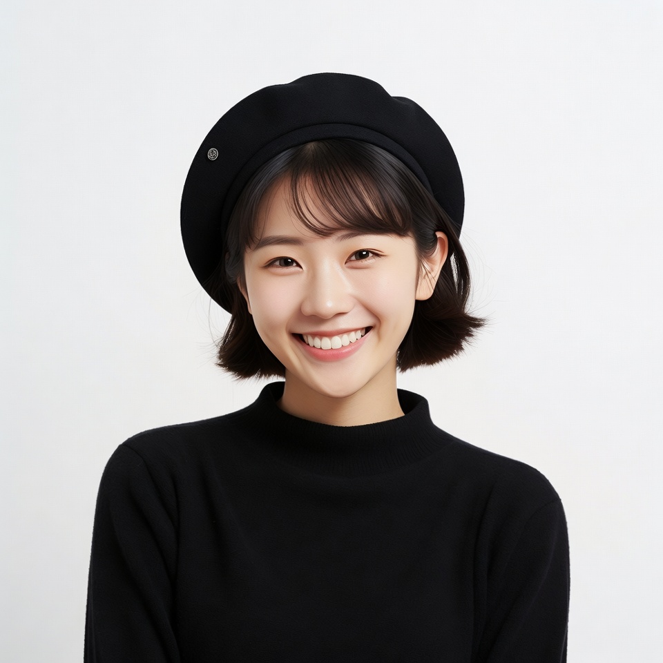 Asian woman smiling in black beret Asian woman smiling in black beret